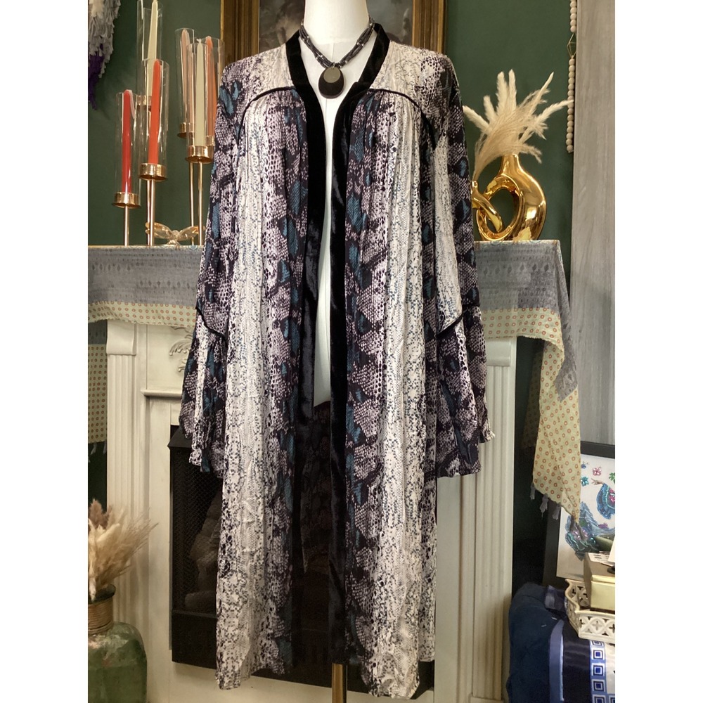 Gypsy Love Snakeskin Print Duster Cardigan Velvet Trim Bell Sleeve Blue 1X